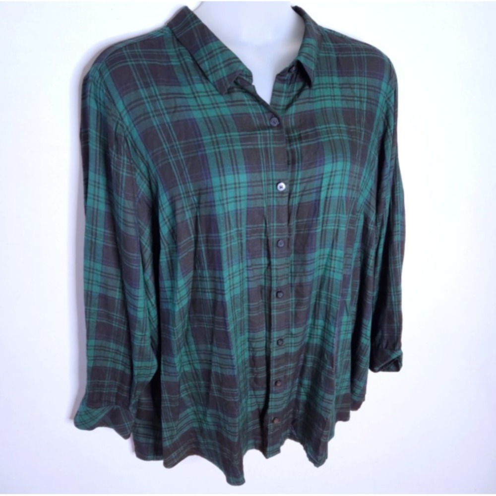 Susan Graver Tartan‎ Plaid Top Women's Plus Size 3X Green Navy Blue Tie Back